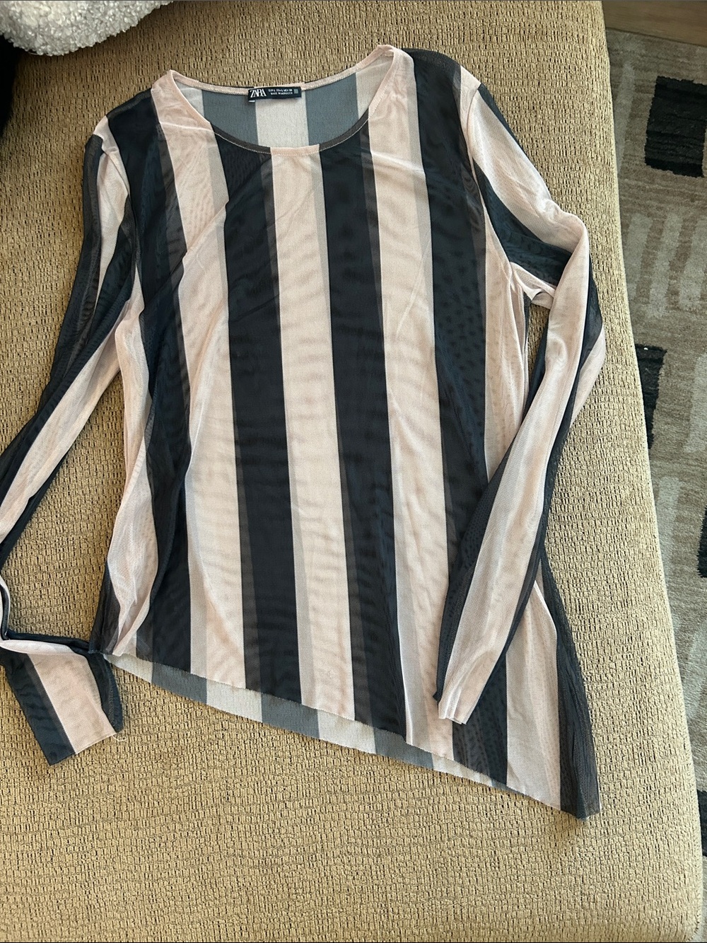 Zara Striped Sheer Long Sleeve Top — Black & Blush